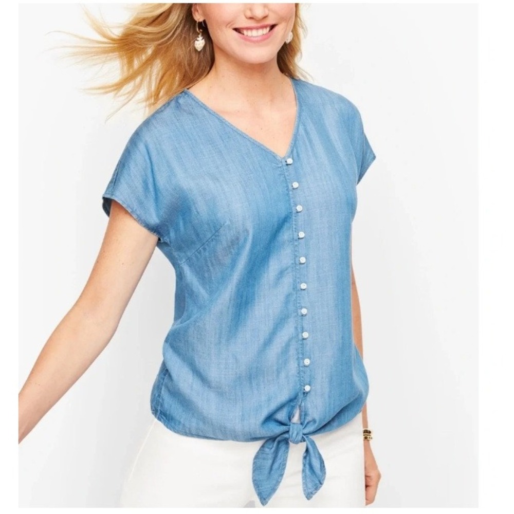 TALBOTS Denim Chambray Tie Hem Top Button Up Blouse Coastal Blue Sz S